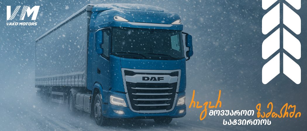 A truck driving on a snowy road with a winter maintenance message highlighting the battery, diesel system, oil and filters, ABS/EBS and air lines, winter tires, and antifreeze.