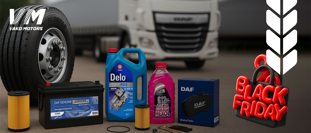 ვაკო მოტორსის ფილიალის წინ ზამთრის პირობებში გაჩერებული სატვირთო და წინა პლანზე განთავსებული საბურავები, აკუმულატორები და სხვა სათადარიგო ნაწილები